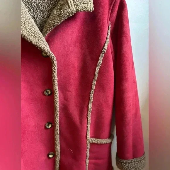 L.L. Bean Faux Suede Sherpa Lined Shearling Coat long line women’s large - Picture 4 of 6